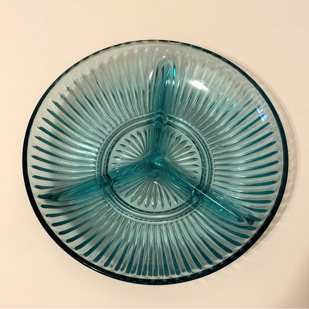 Vintage KIG Indonesia Teal Divided Glass Dish – Mid-Century Style – 3-section